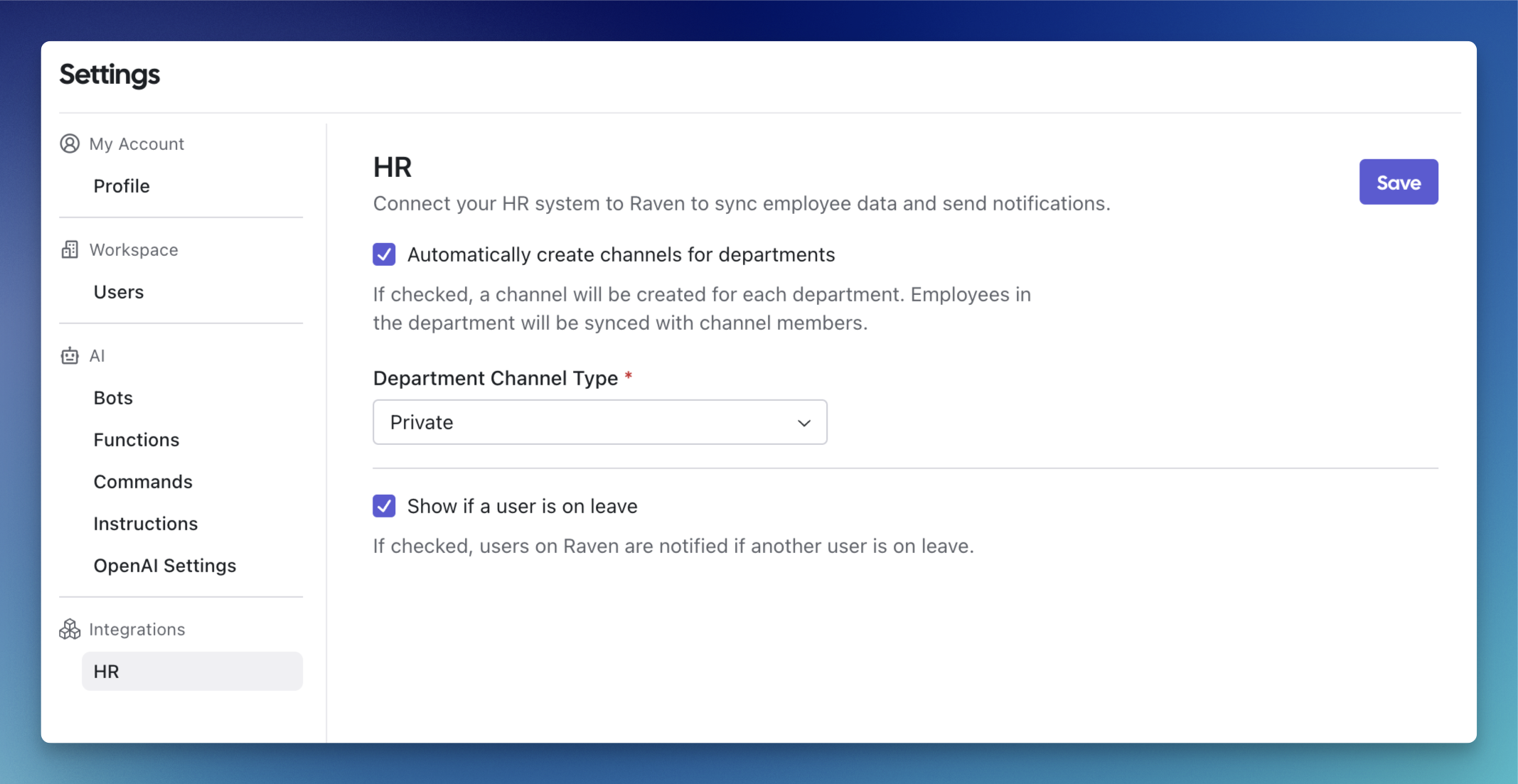 HR settings page on Raven